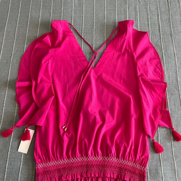 Trina Turk Bright Pink Cancun Ruffled Silk Cotton Smocked Top Sz.S New With Tags - Picture 6 of 9